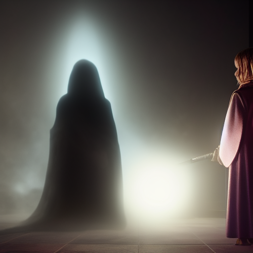 Lily standing in front of a dark figure holding the vial, revealing her father's face as the realization dawns on her.